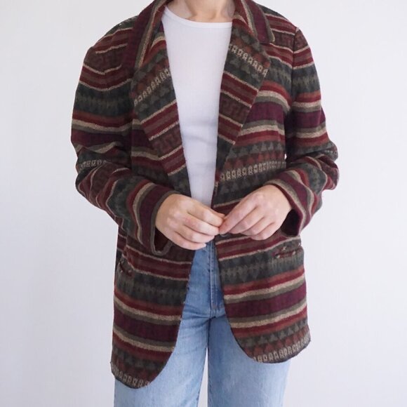 Vintage Casablanca Maroon Beige Stripe Pattern Boho Button Up Blazer 12 - Picture 2 of 10